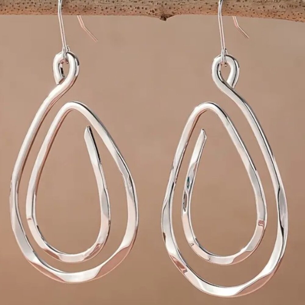 Vintage Boho Double Teardrop Earrings, Hammered Silver Electro-Plating Copper